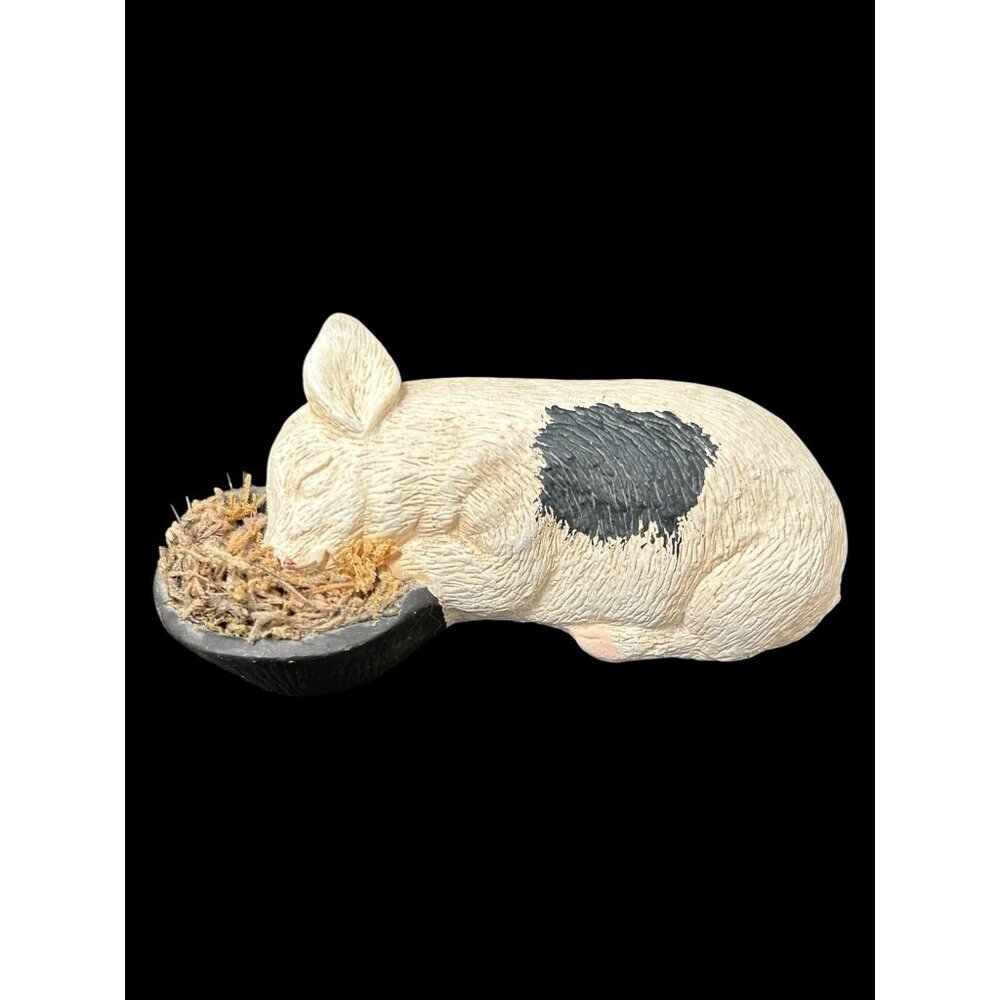 PETE APSIT Pig Figurine Heavy Ceramic Black Spots 5" Signed Sleeping in Planter